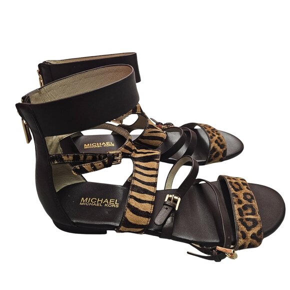 Michael Kors Winston Animal Print Leather & Cow Hair Gladiator Sandals Back Zipp - Picture 1 of 9